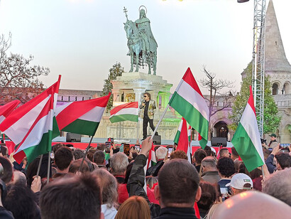 Crowds gather in Budapest, Hungary, to celebrate the election victory of Tisza Party, whose win ended Viktor Orbán’s 16-year rule