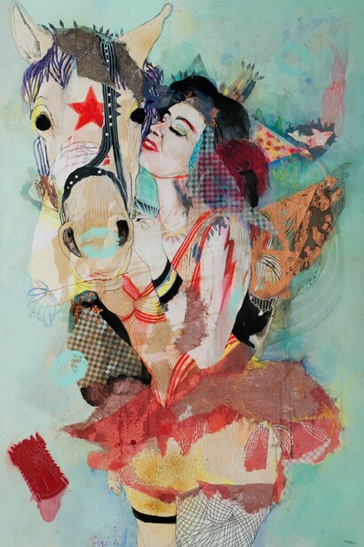 Moira, 2015, tecnica mista su carta, 150 x 100 cm 