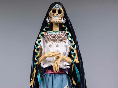 Anonymous (Michoacán), Catrina con charal (Fancy Skeletal Lady with Silverside Fish), ca.2019, polychrome ceramic and mixed media / cerámica policromada y técnica mixta, NMMA Permanent Collection, 2021.477 A-D, photo: Michael Tropea