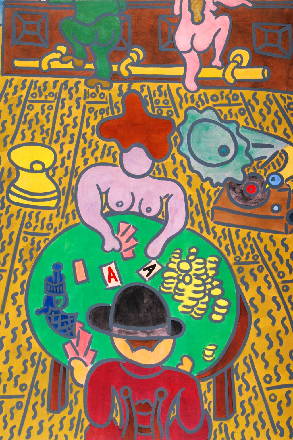 William N. Copley, Untitled (The Card Players), 1981, acrylic on linen, 63 1/4 x 52 inches, 160.7 x 132.1 cm