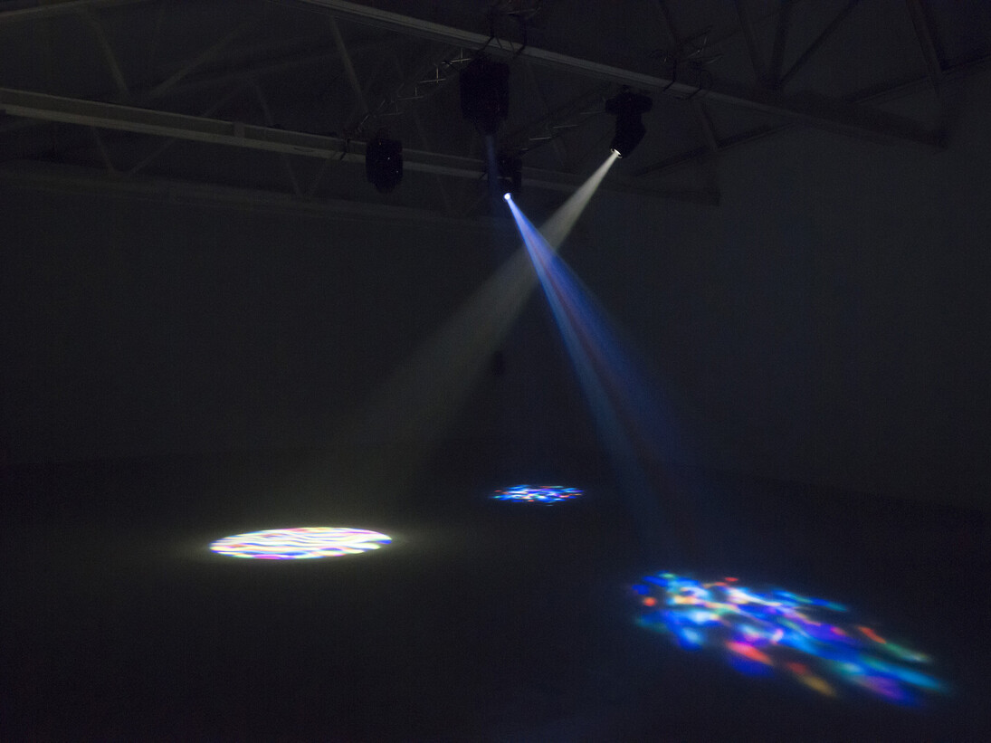 Kristin Oppenheim, White Rabbit, 2015, Theatrical light and sound Installation: 4 theatrical lights, 4 gobo lenses, light board, digital light file, audio equipment, and digital song file. Bass and guitar by Tony Fennell, drums and percussions by Drew Vogelman, vocals by Erin Carden and Kristin Oppenheim, 3 min (looped), Photo: Marcus Leith. Courtesy of greengrassi, London, Photo: Julius Getty. Courtesy of greengrassi, London