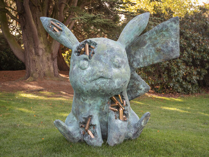 Daniel Arsham, Bronze Crystallized Seated Pikachu, 2022. Installation view at Yorkshire Sculpture Park. Courtesy Perrotin Gallery and Arsham Studio. Photo by Anthony Devlin.  Getty Images for Daniel Arsham