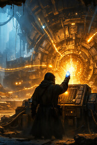 A dormant, monumental engine stirs as a single luminous artifact is placed at its core, illuminating forgotten circuitry and revealing a civilization not yet finished, only awaiting its missing source of coherence