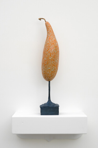 Thomas Campbell, Fauna no. 3, 2014, Gouache and acrylic on gourd with bronze stand, 23 x 6 x 4 inches