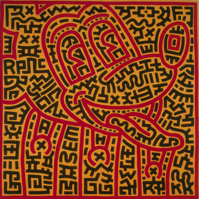 Keith Haring, Untitled, 1983, acrilico su tela, 160 x 160 cm , Collezione privata. Courtesy Galleria Lia Rumma Milano-Napoli © Keith Haring Foundation