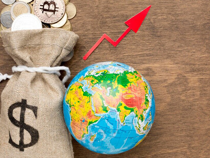 A burlap sack overflowing with coins symbolizes the global economy's complexity and interconnectedness