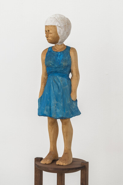 Santiago Cal, Finally Free Miss T., 2014, Basswood, mahogany, paint, 57.75” x 7.5” x 7” (with base) (detail)