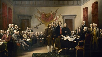En esta famosa pintura, John Trumbull (1756-1843) muestra al comité de redacción de la Declaración de Independencia de los Estados Unidos presentando su trabajo al Congreso