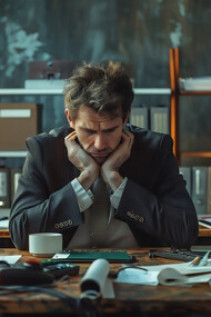 A person struggles with workplace anxiety amidst ongoing office conflict