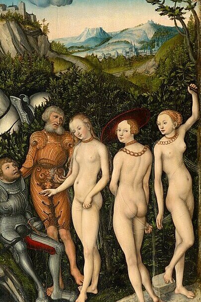 Lucas Cranach el viejo, "El juicio de París", óleo sobre madera, 1528