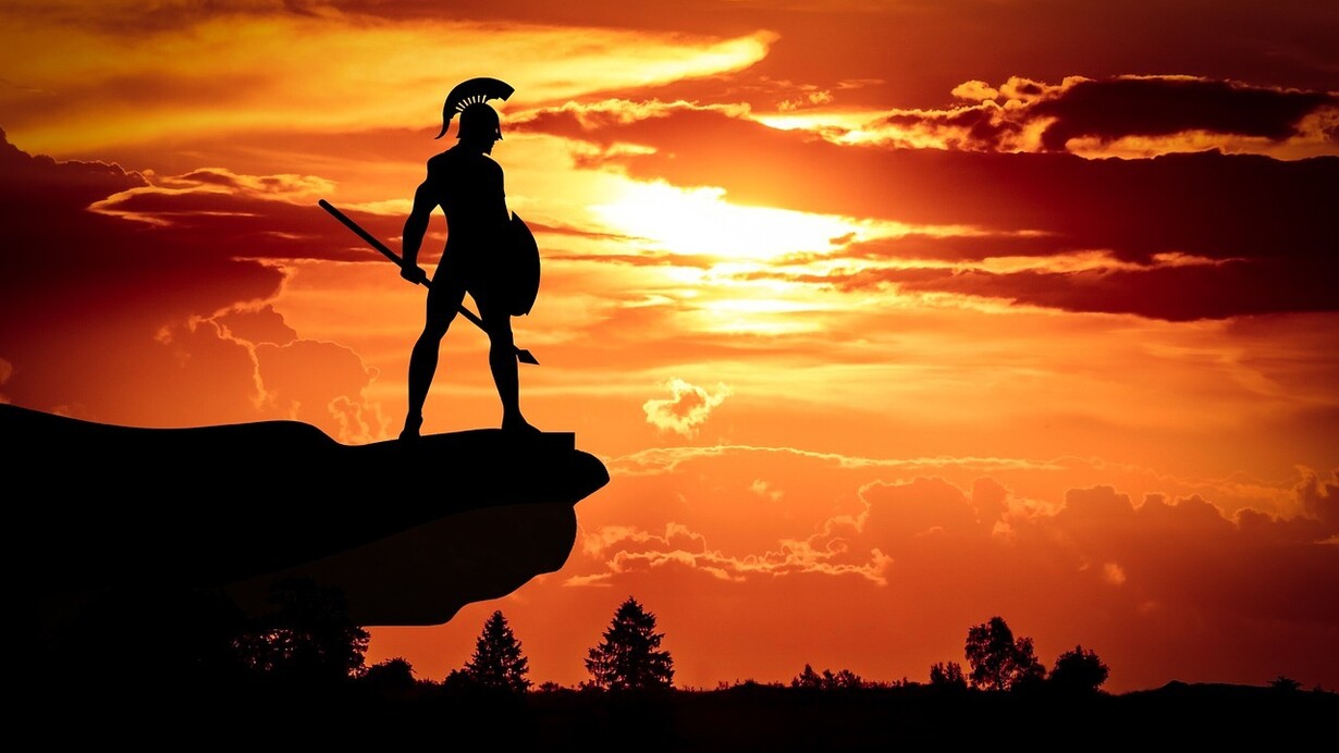 Immagine digitale raffigurante un cittadino di Sparta con indosso l'armatura