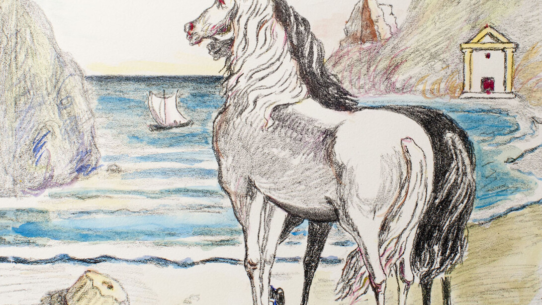 Giorgio de Chirico, Cavalli in riva al Tirreno, 1970. Litografia colorata a mano dall'artista. Courtesy of 29 Arts in Progress gallery