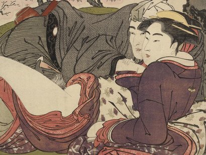 Pensó que en aquellos momentos su vida pasaría delante de sus ojos.  Kitagawa Utamaro,"Utamakura 歌まくら" (Poema de la Almohada), 1788, Mujer descubre una carta escondida en la túnica de su amante. Museo Británico, Inglaterra