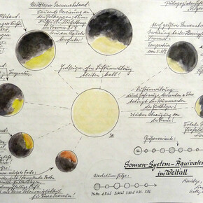 Karl Hans Janke, Sonnen-System-Äquivalenz im Weltall, undatiert/ undated (KHJ/P 018A), Mischtechnik auf Papier / mixed media on paper, 30 x 42 cm. Courtesy Delmes & Zander, Berlin/ Köln