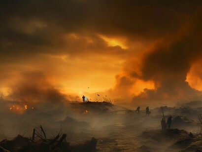 Billowing smoke and burning light stretch across the horizon like the long shadow of war