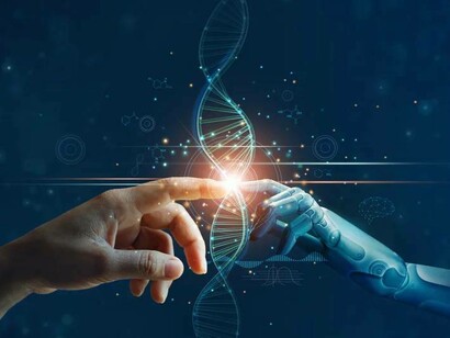 A human finger and an AI finger touch to form a helix representing a patient's potential treatment