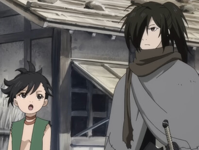 Hyakkimaru standing beside Dororo in a worn village, representing the loneliness and resilience central to darker anime tales