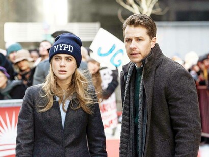 In a scene from the Netflix show 'Manifest' where Michaela (Melissa Roxburgh) is surprised as is Ben (Josh Dallas) at what is transpiring in front of them