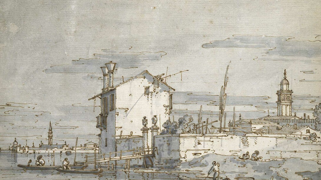 Giovanni Antonio Canal, known as Canaletto (1697‒1768), An Island in the Lagoon, Pen, brown ink with grey wash over ruled pencil lines on blue paper, 20 x 27.9 cm © Ashmolean Museum, University of Oxford