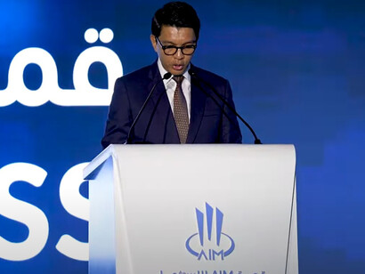 Andry Nirina Rajoelina is a Malagasy-French politician and businessman who has served as president of Madagascar since 2023, giving his speech in Abu Dhabi AIM Congress 2024, UAE
