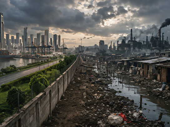 A divided landscape reveals two worlds side by side—prosperity and decay—highlighting the structural inequalities and environmental consequences that continue to shape global development