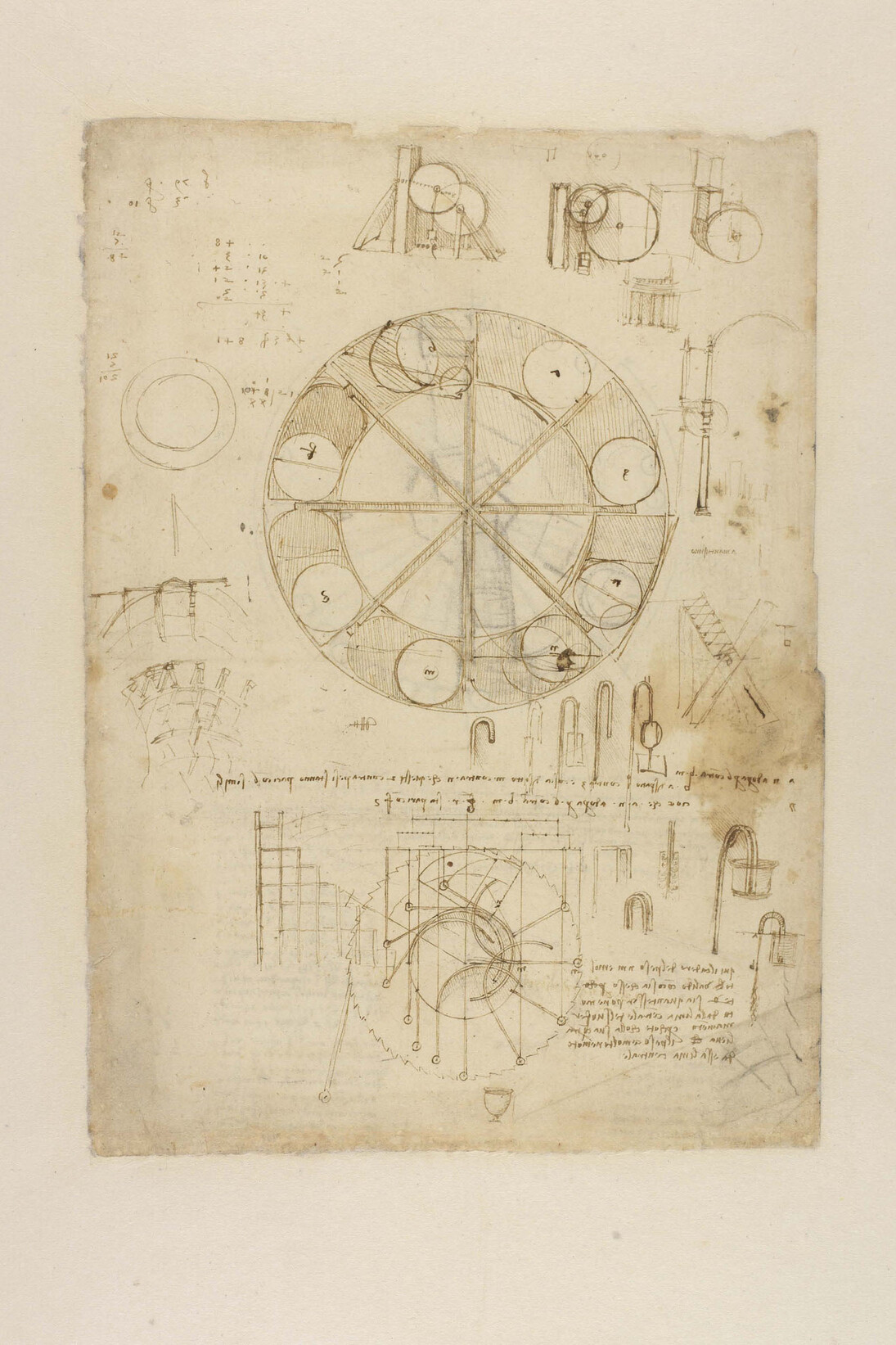 Meccanica, Studi sul moto perpetuo  e studi di architettura (SB), puntasecca, penna e matita, 343 x 245 mm, C.A. f. 778 r (ex 286 r a), circa 1499-1500.
