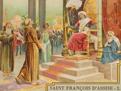 Liebig Chromos. Trade card. Serie 1183, la vita di San Francesco d'Assisi, n. 2. 1926. Collezione privata