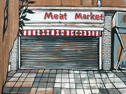 Jo Peel, Meet Market, Acrylic and wood veneer on wood panel, 46 cm x 31 cm
