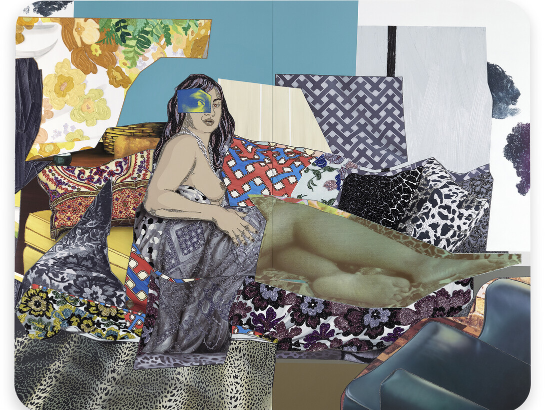 Mickalene Thomas, Shinique: Now I Know, 2015, Strass, acrylique et huile sur panneau de bois, Rhinestones, acrylic and oil on wood panel, 243,84 x 304,8 cm, Courtesy Mickalene Thomas & Galerie Nathalie Obadia Paris/Bruxelles. Copyright: Mickalene Thomas Studio