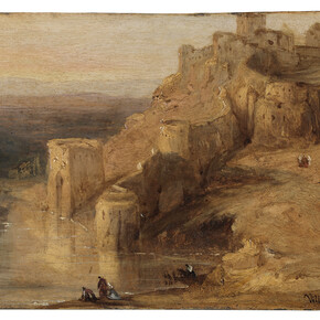 El Baño de la Cava, Toledo, Díptico con 42 Vistas Monumentales de Ciudades Españolas, Peréz Villaamil, Óleo sobre hojalata y marco neo gótico, 17,8 x 12,5 cm, Madrid, Museo Nacional del Prado