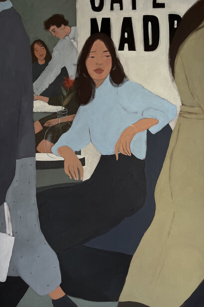 Jenya Datsko, Cafe Madrid, 2023. Acrylic on canvas, 146 x 97 cm. Courtesy of the artist and VLAB Gallery