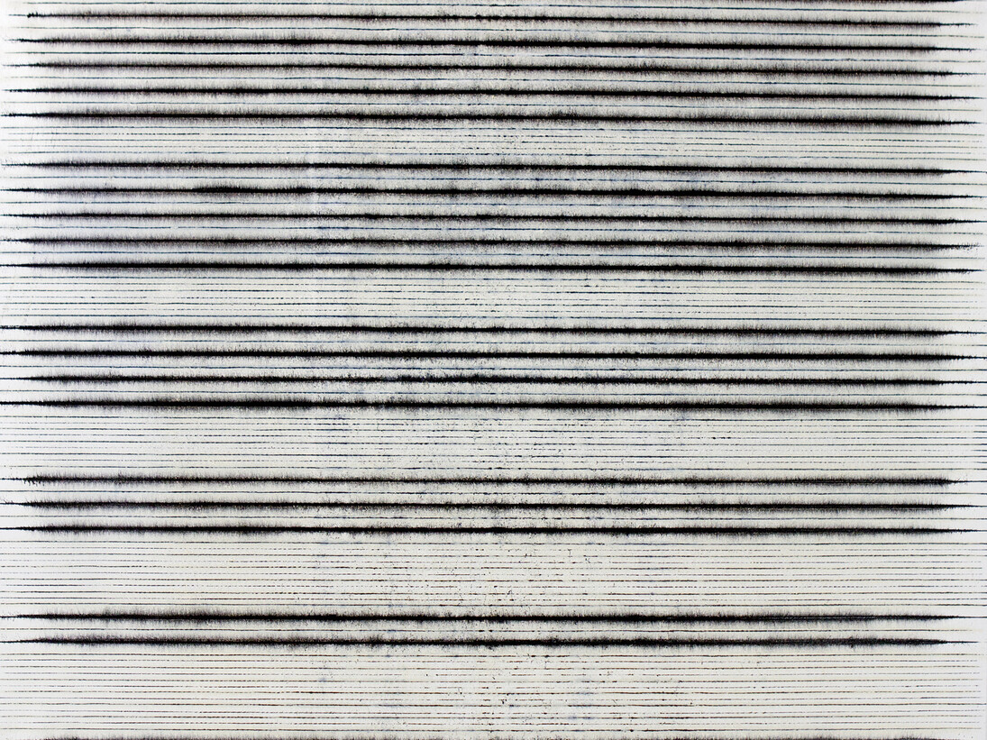 Yazid Oulab, Untitled (VI). 2015, Oil on canvas and plumb lines, 161h x 201w cm, Courtesy of Selma Feriani Gallery and the artist