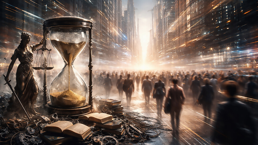 A civilization in motion: time fractures, crowds accelerate, and meaning struggles to remain intact as speed overtakes judgment