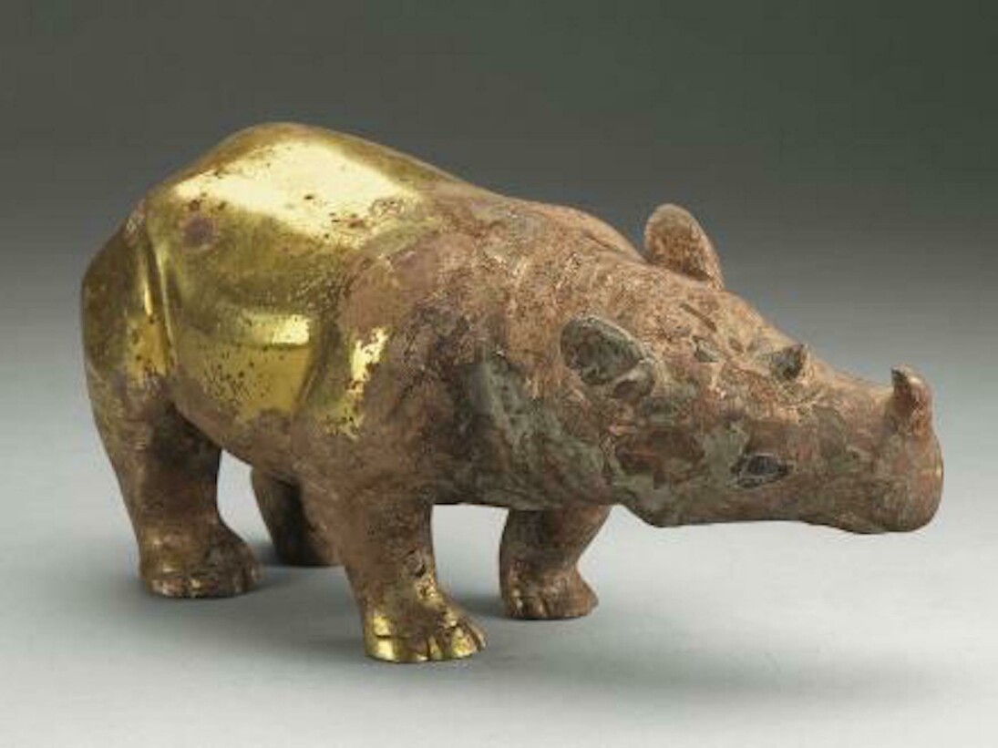 Rhinoceros, Western Han dynasty (206 B.C.–A.D. 9), 2nd century B.C. Gilt bronze, rhinoceros 7¾ x 3¼ x 3⅞ in. (19.8 x 8.4 x 9.8 cm). Excavated in 2010, tomb no. 1 (Liu Fei, prince of Jiangdu, d. 129 B.C.), Dayunshan, Xuyi, Jiangsu Province
Photo: Courtesy Nanjing Museum