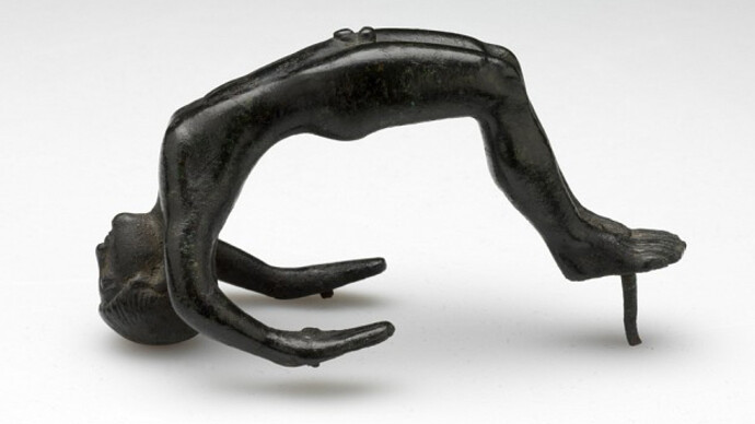 Unknown artist, Etruscan, Acrobat (probably the handle of a cista lid), 4th century BCE-3rd century BCE
Bronze, 8.3 x 3.5 cm (3 1/4 x 1 3/8 inches), Gift of Mrs. Celia Robinson Stillwell 85.107.1