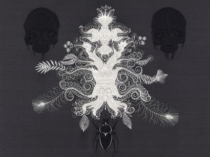 Angelo Filomeno, Amulet (White Chandelier), 2013, ricamo e cristalli su seta applicata su lino, cm 198x99. Courtesy of Galleria Giovanni Bonelli 