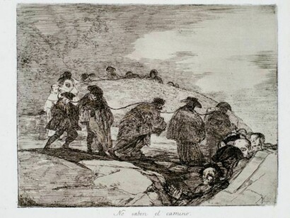 Francisco Goya. No saben el camino (They Don’t Know the Way) from The Disasters of War, ca. 1813-14 (1st edition, printed 1863). Etching, drypoint, burin, and burnisher, 6 7/8 x 8 11/16 in.Pomona College Museum of Art, Gift of Mr. Norton Simon, P74.87