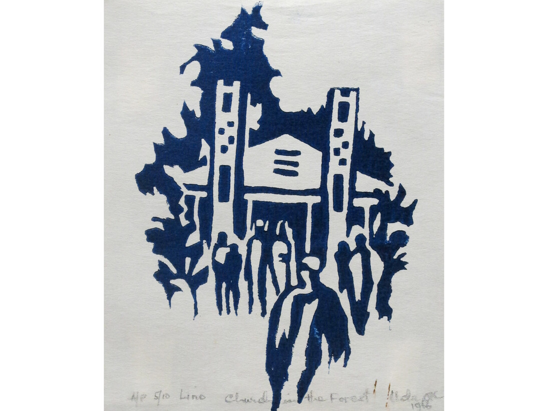 Uche Okeke, Church in the Forest, 1966, Lino, AP, ed. 5 of 10, 6x5 inches. Courtesy of the artist and Skoto Gallery