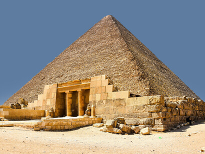 A captivating view of Egypt's iconic Giza Pyramids rising majestically in the background