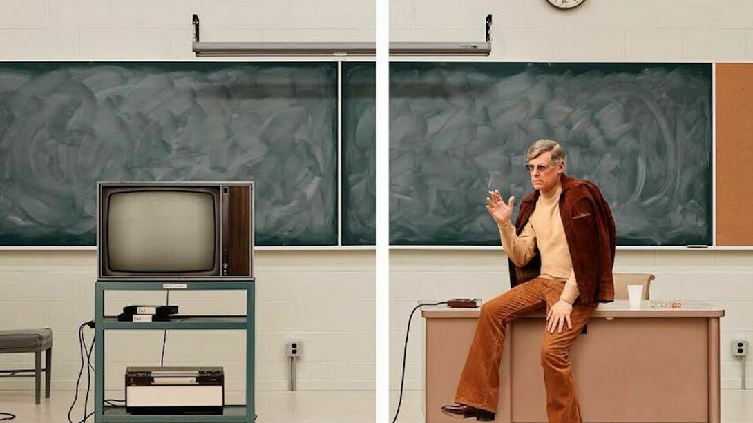 Media Studies ’77, 2016, Two painted aluminum lightboxes with transmounted chromogenic transparencies, Each panel: 232.2 x 182 x 17.8 cm / 91 5/8 x 71 5/8 x 7 in, Installed dimensions: 232.2 x 376 x 17.8 cm / 91 5/8 x 148 x 7 in. © Rodney Graham Courtesy the artist and Hauser & Wirth