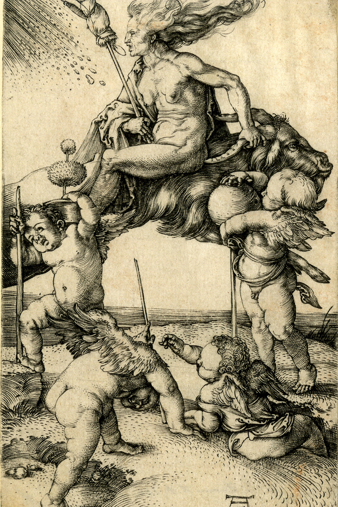 A witch riding backwards on a goat, with four putti, two carrying an alchemist's pot, a thorn apple plant, C.1500, Albrecht Dürer (1471-1528),. Engraving. © The Trustees of the British Museum