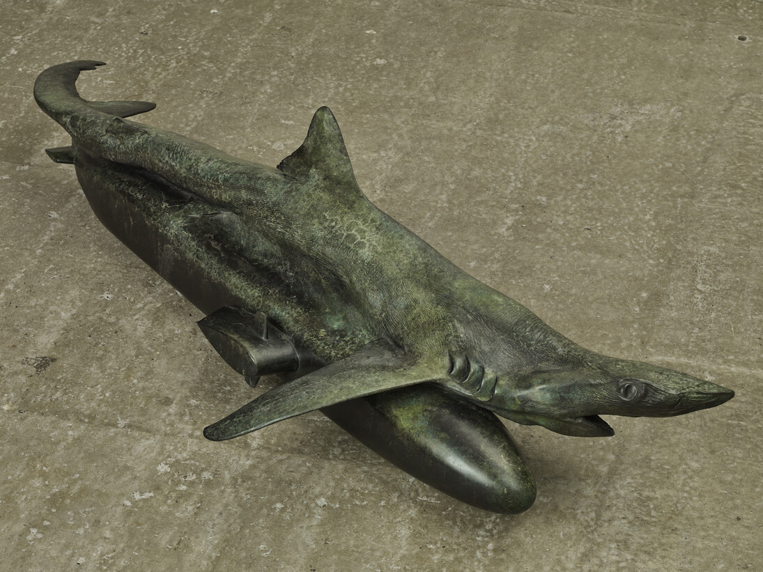 Installation View of Bond and Wormhole i, ii, iii, 2015. Patinated bronze (Bond), Archival pigment print (Wormhole). 42.5 x 183 x 71 cm (Bond), 57 x 71.8 x 3.5 cm (Wormhole, framed). Courtesy the artist and Frith Street Gallery, London. Photography by Steve White.