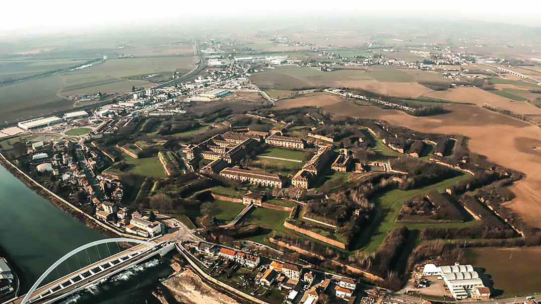 Aerial view of the Citadel of Alessandria, the largest European fortification, Italy