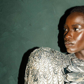 Model Awar Odhiang in Schiaparelli haute couture autumn/winter (detail), 2024. Courtesy of V&A Museum of Childhood