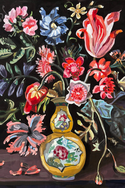 Jean Lowe, Bloemstilleven (in delft vase) (detail), 2026. Courtesy of Craig Krull Gallery