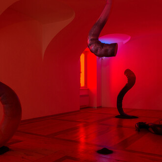 Tarek Lakhrissi, This Doesn’t Belong to Me, 2020. Polyurethane, metal core, epoxy resin, chains, black earth. Fondazione Sandretto Re Rebaudengo, Turin, IT. Photographer: Domenico Conte. Courtesy of the artist and VITRINE London/Basel.