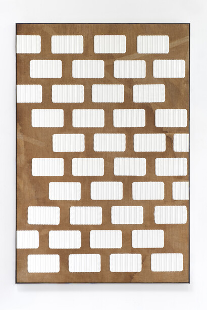 Mark Hagen, Pleasures Finite, Needs Infinite, 2014, Acrylic through burlap, titanium frame anodized with Diet Coke, 72 3/4 x 48 3/4 x 2 inches (framed), © Mark Hagen - Photographer unknown, all rights reserved, Courtesy of the Artist and Almine Rech Gallery
