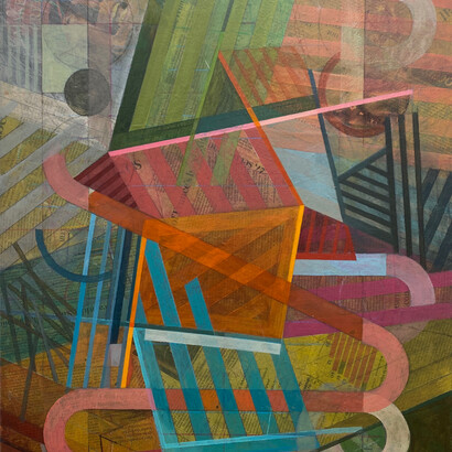 The fearless and the feared, acrylic, pencil, newspaper on canvas, 60 x 45 cm, Mark Weighton, 2025