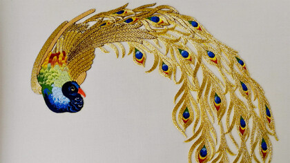 Sicilian hand embroidered Golden Peacock with gold threads