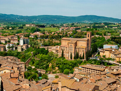 Aerial view of a historic building in Asciano, Tuscany, Italy